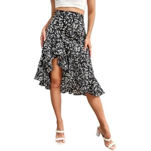 imageVerdusa Womens Ruffle Trim High Split Printed SkirtBlack