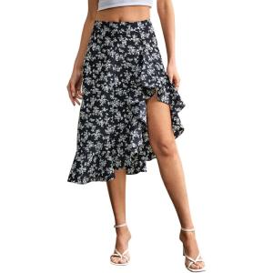 imageVerdusa Womens Ruffle Trim High Split Printed SkirtBlack Floral