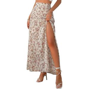 imageVerdusa Womens Sexy Boho Floral Split Thigh High Waist Swing Midi SkirtApricot