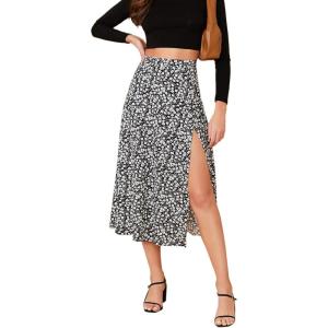 imageVerdusa Womens Sexy Boho Floral Split Thigh High Waist Swing Midi SkirtBlack