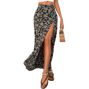 imageVerdusa Womens Sexy Boho Floral Split Thigh High Waist Swing Midi SkirtBlack Flower