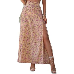 imageVerdusa Womens Sexy Boho Floral Split Thigh High Waist Swing Midi SkirtLight Pink