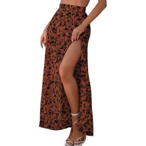 imageVerdusa Womens Sexy Boho Floral Split Thigh High Waist Swing Midi SkirtRust Brown