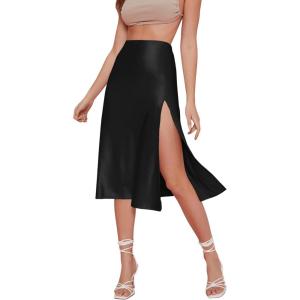 imageVerdusa Womens Sexy Boho Floral Split Thigh High Waist Swing Midi SkirtSatin Black