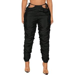 imageVerdusa Womens Tie Side High Waist Cargo Pants Cropped Sweatpants Jogger with PocketRuched Black