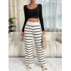 imageVerdusa Womens Elastic High Waist Stripe Print Knitted Lounge Sweater PantsBlack and White