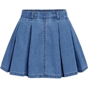 imageVerdusa Girls Pleated Denim Skirt Elastic Waist A Line Flared Mini SkirtDark Wash