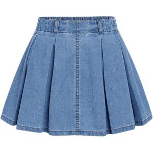 imageVerdusa Girls Pleated Denim Skirt Elastic Waist A Line Flared Mini SkirtMedium Wash