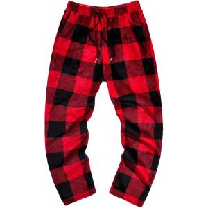 imageVerdusa Mens Flannel Buffalo Plaid Pajama Pants Fuzzy Pj Pants with PocketsRed