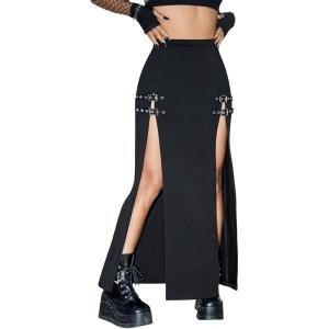 imageVerdusa Womens Buckle Split Thigh High Waist Clubwear Punk Loose Maxi SkirtBlack
