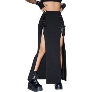 imageVerdusa Womens Buckle Split Thigh High Waist Clubwear Punk Loose Maxi SkirtBlack Tie