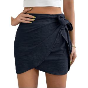 imageVerdusa Womens Casual Knot Side Split Wrap High Waist Bodycon Mini SkirtDark Blue