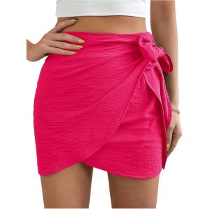 imageVerdusa Womens Casual Knot Side Split Wrap High Waist Bodycon Mini SkirtHot Pink