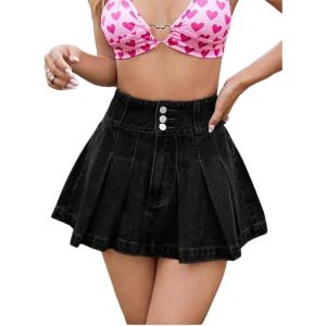 imageVerdusa Womens Denim Skirt Button Up High Waist A Line Mini Pleated Jean SkirtBlack