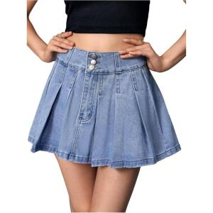 imageVerdusa Womens Denim Skirt Button Up High Waist A Line Mini Pleated Jean SkirtLight Wash
