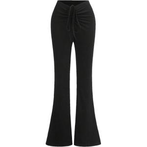 imageVerdusa Womens Drawstring Drop Waist Knot Ruched Flare Leg Knit Extra Long SweatpantsBlack