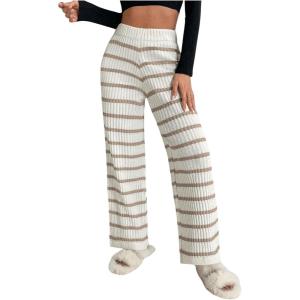 imageVerdusa Womens Elastic High Waist Stripe Print Knitted Lounge Sweater PantsBeige
