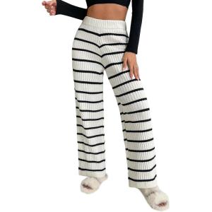 imageVerdusa Womens Elastic High Waist Stripe Print Knitted Lounge Sweater PantsBlack and White