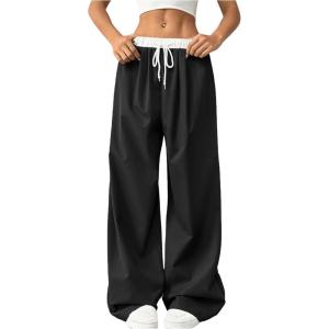 imageVerdusa Womens Pleated Straight Leg Pants Colorblock Drawstring Waist TrousersBlack and White