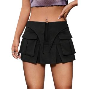 imageVerdusa Womens Pocket Front Pleated Mini Skirt Casual High Waist A Line Cargo SkirtBlack