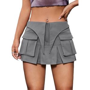 imageVerdusa Womens Pocket Front Pleated Mini Skirt Casual High Waist A Line Cargo SkirtGrey