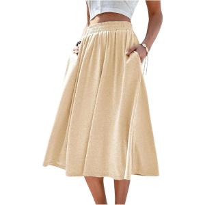imageVerdusa Womens Elastic Waist Pocket Side A Line Midi Swing Flared SkirtApricot