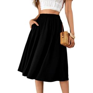 imageVerdusa Womens Elastic Waist Pocket Side A Line Midi Swing Flared SkirtBlack