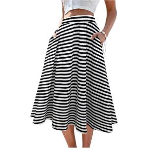 imageVerdusa Womens Elastic Waist Pocket Side A Line Midi Swing Flared SkirtBlack and White