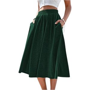 imageVerdusa Womens Elastic Waist Pocket Side A Line Midi Swing Flared SkirtDark Green