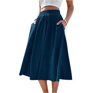 imageVerdusa Womens Elastic Waist Pocket Side A Line Midi Swing Flared SkirtDeep Blue
