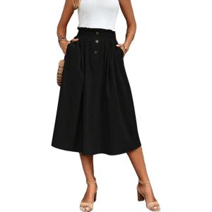 imageVerdusa Womens Elastic Waist Pocket Side A Line Midi Swing Flared SkirtSolid Black