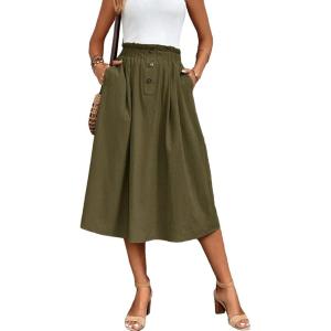 imageVerdusa Womens Elastic Waist Pocket Side A Line Midi Swing Flared SkirtSolid Green