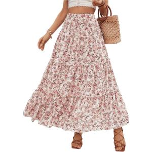 imageVerdusa Womens Floral Print Elastic High Waist Pleated Ruffle Flowy Long SkirtsMulticolor Pink