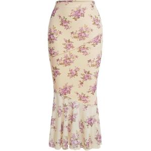 imageVerdusa Womens Floral Print High Waist Bodycon Ruffle Hem Fishtail Long SkirtApricot