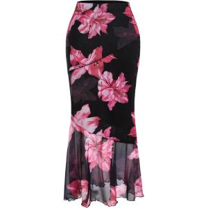imageVerdusa Womens Floral Print High Waist Bodycon Ruffle Hem Fishtail Long SkirtBlack and Pink