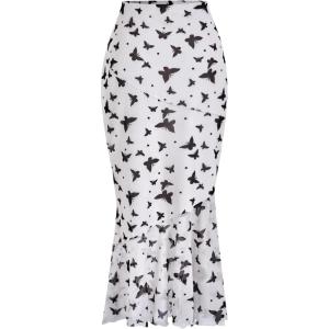 imageVerdusa Womens Floral Print High Waist Bodycon Ruffle Hem Fishtail Long SkirtButterfly White