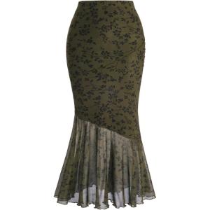 imageVerdusa Womens Floral Print High Waist Bodycon Ruffle Hem Fishtail Long SkirtGoth Green