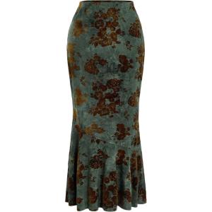 imageVerdusa Womens Floral Print High Waist Bodycon Ruffle Hem Fishtail Long SkirtGreen