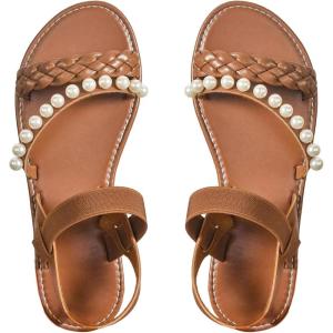 imageVerdusa Womens Pearls Braided Flat Sandals Open Toe Slip On Beach SlidesMedium Brown