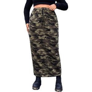 imageVerdusa Womens Plus Size Casual Drawstring High Waist Camo Print Bodycon Long SkirtArmy Green