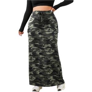 imageVerdusa Womens Plus Size Casual Drawstring High Waist Camo Print Bodycon Long SkirtGreen Multi