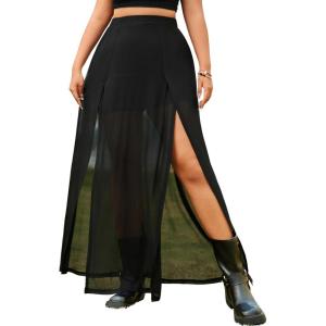 imageVerdusa Womens Plus Size Skirts High Waist Split Side Sheer Mesh A Line Long SkirtBlack
