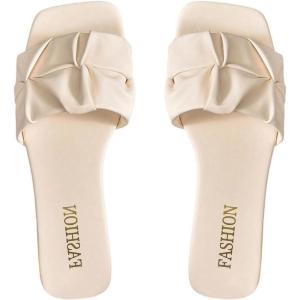 imageVerdusa Womens Square Toe Pleated Slide Sandals Summer Sandals SlippersSolid Beige