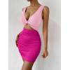 imageVerdusa Womens Colorblock Twist Cut Out Plunging Neck Sleeveless Bodycon Mini DressHot Pink
