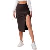 imageVerdusa Womens Elastic Waist Split Thigh Pencil Bodycon Midi SkirtCoffee