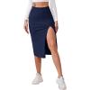 imageVerdusa Womens Elastic Waist Split Thigh Pencil Bodycon Midi SkirtNavy