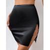 imageVerdusa Womens High Waist Chain Solid Slit Hem Satin Pencil Bodycon Mini SkirtBlack