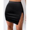imageVerdusa Womens High Waist Chain Solid Slit Hem Satin Pencil Bodycon Mini SkirtBlack
