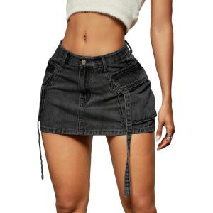 imageVerdusa Womens Casual Street Low Waist Tape Denim Cargo Mini Skirt with Flap PocketBlack