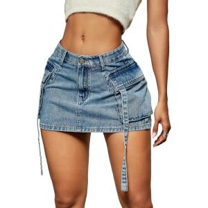 imageVerdusa Womens Casual Street Low Waist Tape Denim Cargo Mini Skirt with Flap PocketLight Wash